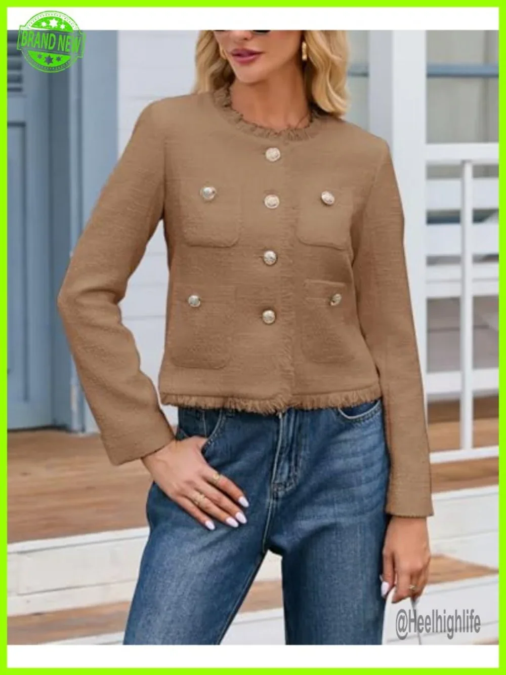 Cropped Tweed Blazer Jacket for Women - Collarless Long Sleeve Button Down Work